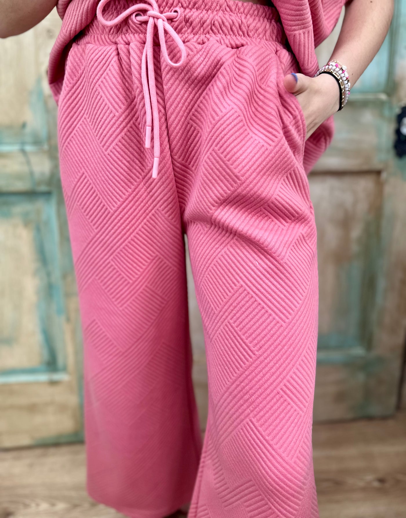 Coral Pink Patterned French Terry Pant Set Final Sale