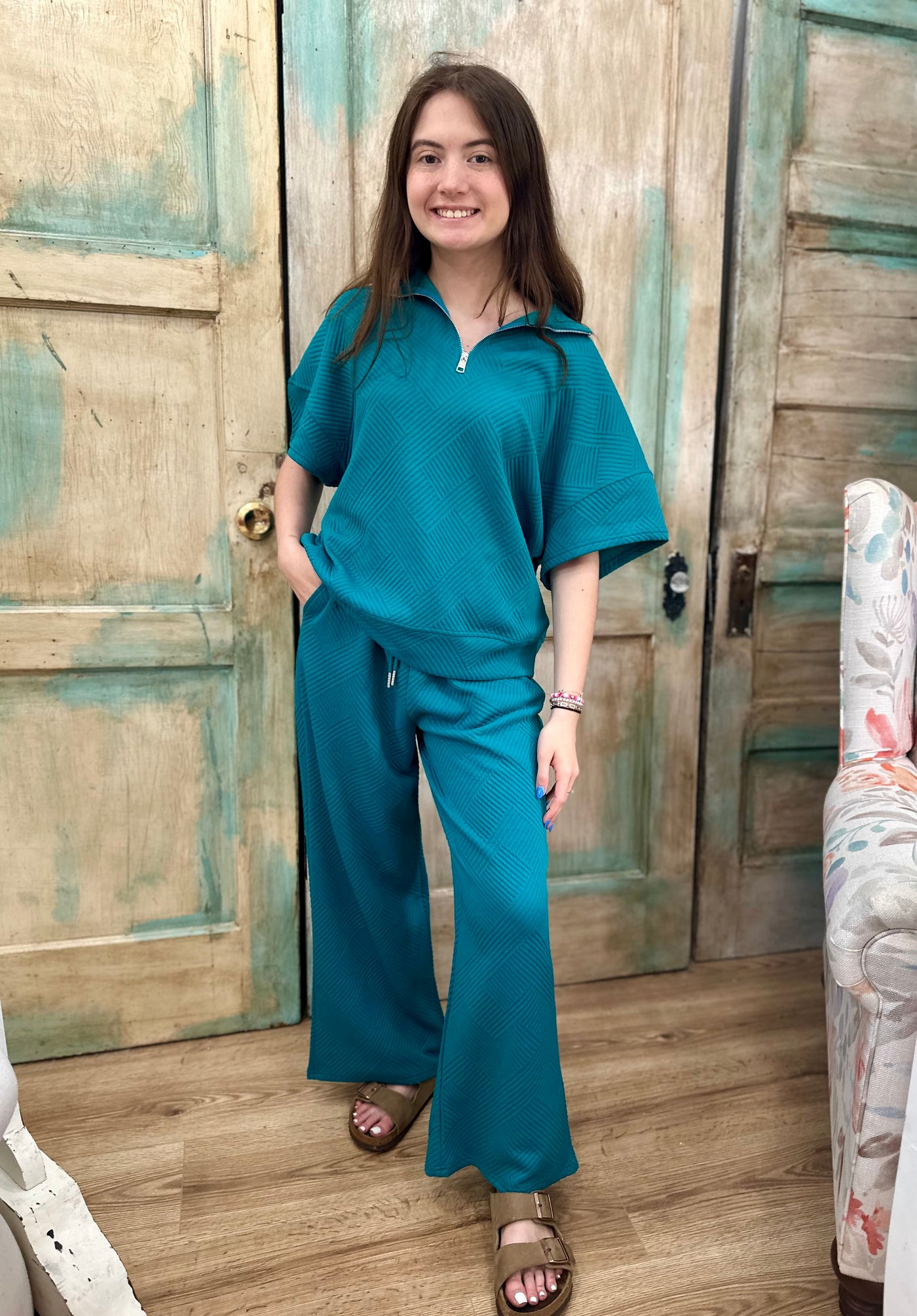 Textured Half Zip Short Sleeve Top and Pant Set  (4 Colors)