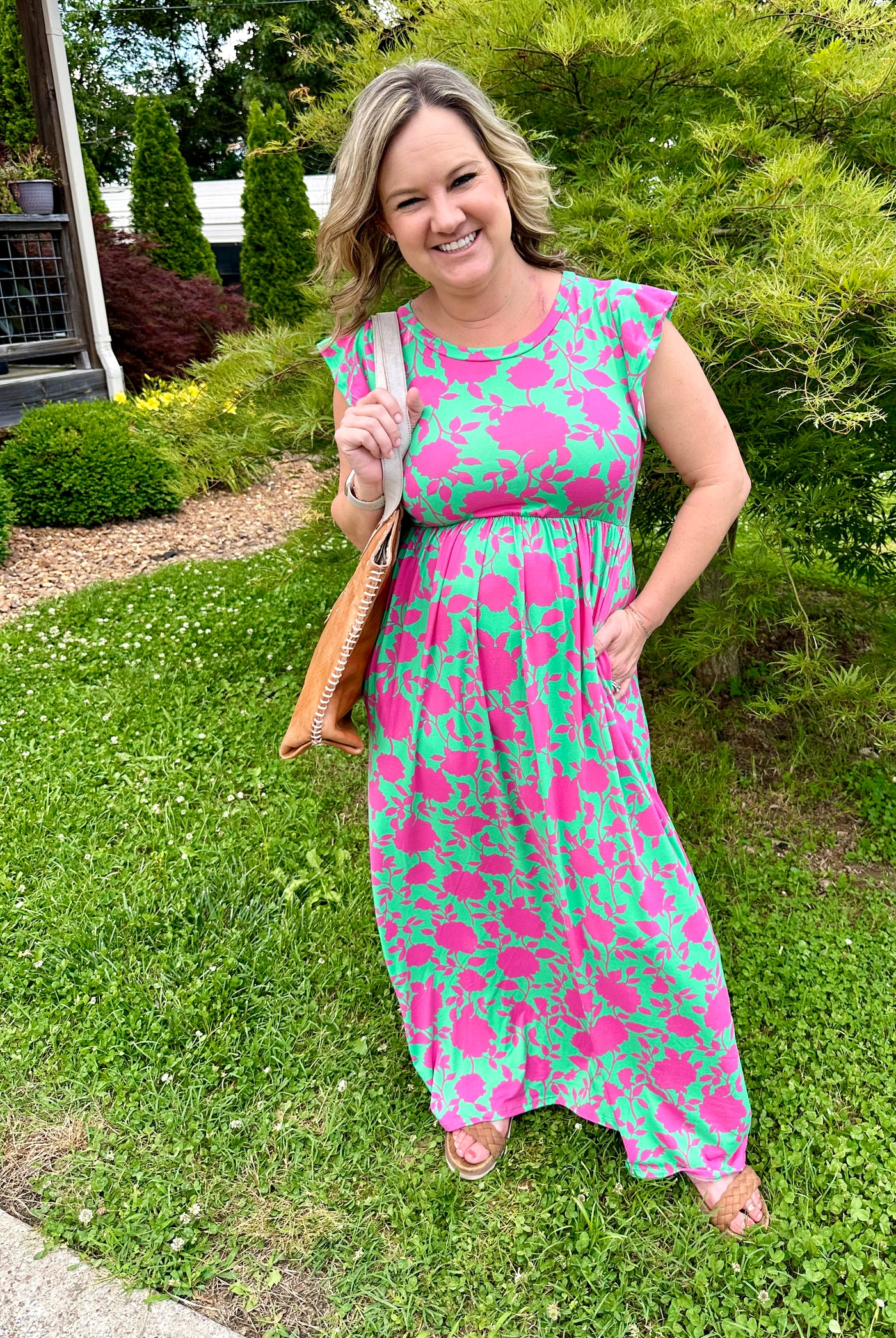 Green and Fuchsia Ruffle Sleeved Maxi Dress with Pockets Final Sale