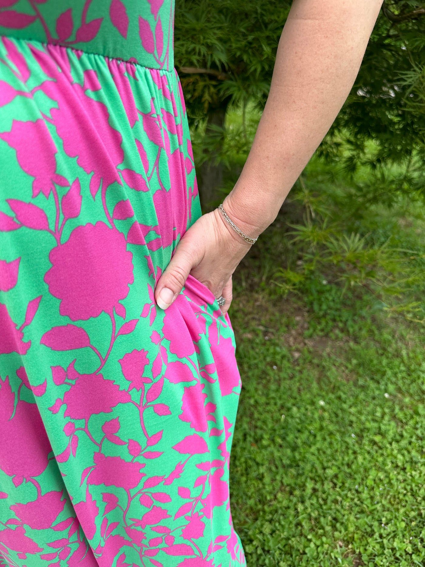 Green and Fuchsia Ruffle Sleeved Maxi Dress with Pockets Final Sale