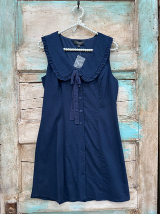 SC NAVY SAILOR NECK TIE STRAP DETAIL SLEEVELESS MINI DRESS