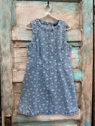 SC FLORAL WASHED DENIM PATTERN SLEEVELESS MINI DRESS