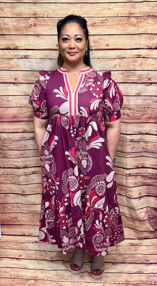 Plum Paisley Midi Dress w/ Pockets