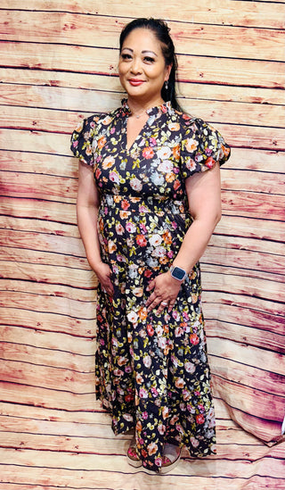 Curvy Chocolate Floral Puff Sleeved Midi Dress