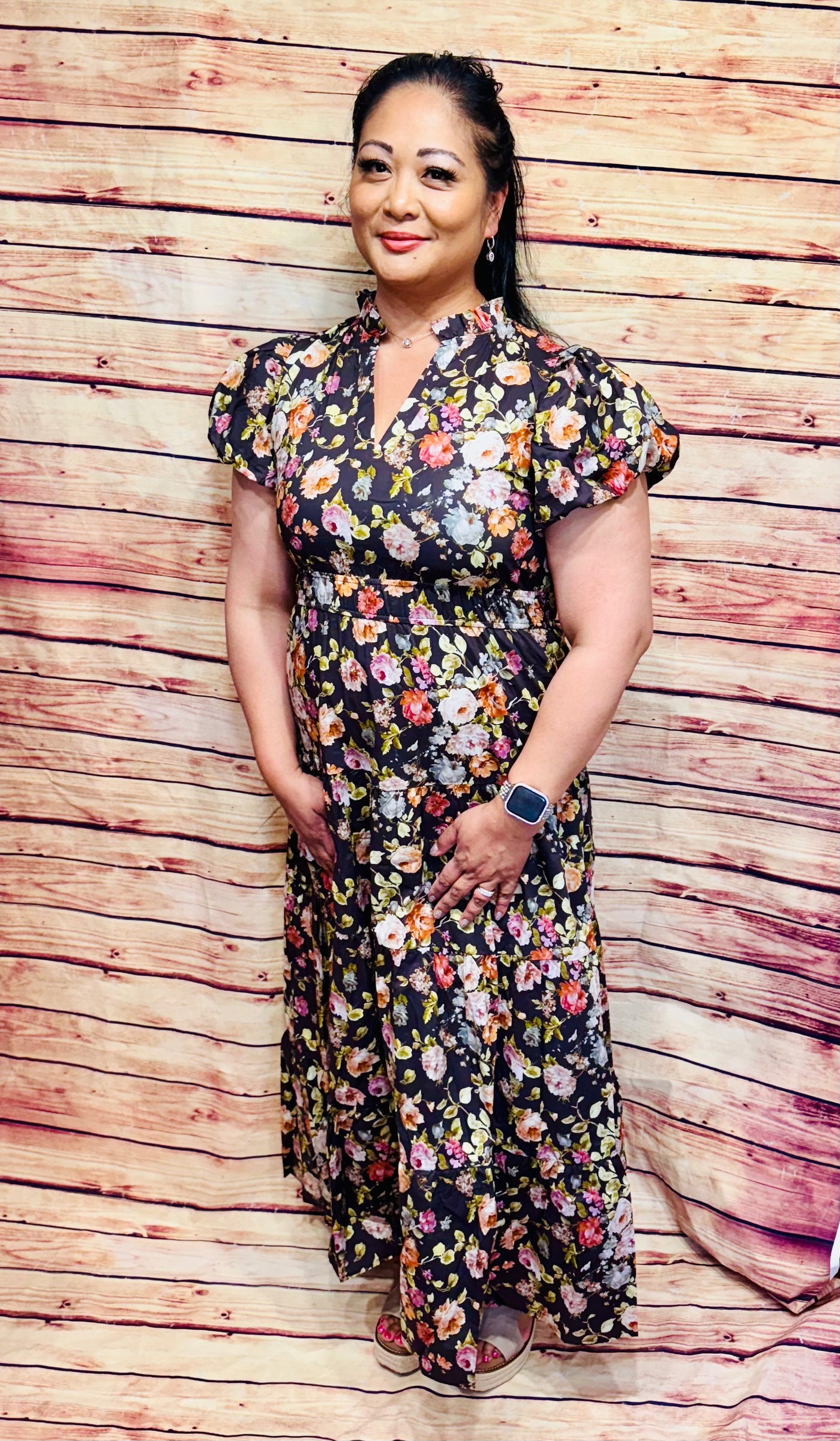 puff sleeved midi dress Curvy Chocolate Floral Puff Sleeved Midi Dress 2X