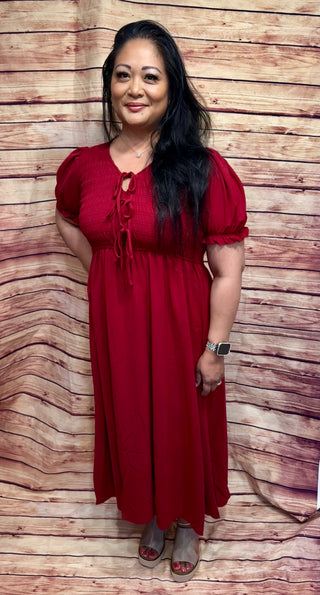 DEEP RED V NECK FRONT TIE SMOCKED PUFF SLEEVE MIDI DRESS Final Sale