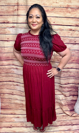 CONTRAST SMOCKED DETAIL PUFF SLEEVE MIDI DRESS Final Sale