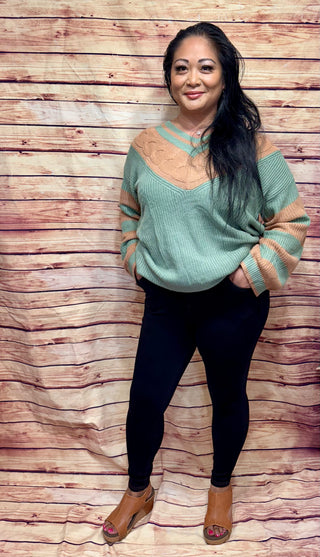 Dusty Sage Stripe and Contrast Cable Mixed Knitting Sweater Top Final Sale