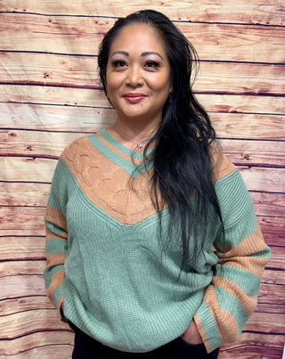 Dusty Sage Stripe and Contrast Cable Mixed Knitting Sweater Top Final Sale