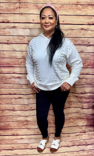 IVORY LONG SLEEVE PEARL DETAILED HOODED PULLOVER SWEATER