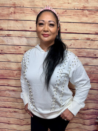 IVORY LONG SLEEVE PEARL DETAILED HOODED PULLOVER SWEATER
