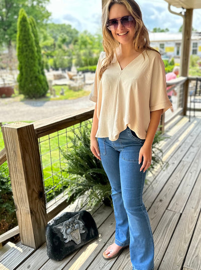 Solid Oatmeal Boxy Top with a V-Neckline
