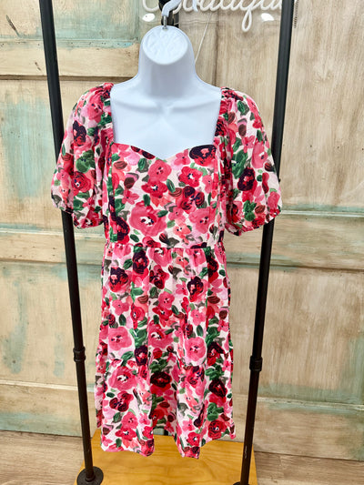 Mixed Floral Tiered Dress w/ Puff Sleeves and Pockets