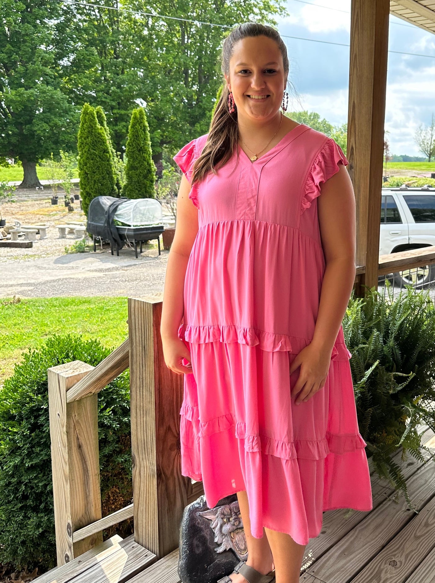 Curvy Pink V-neck Tiered Midi Dress W/ Pockets