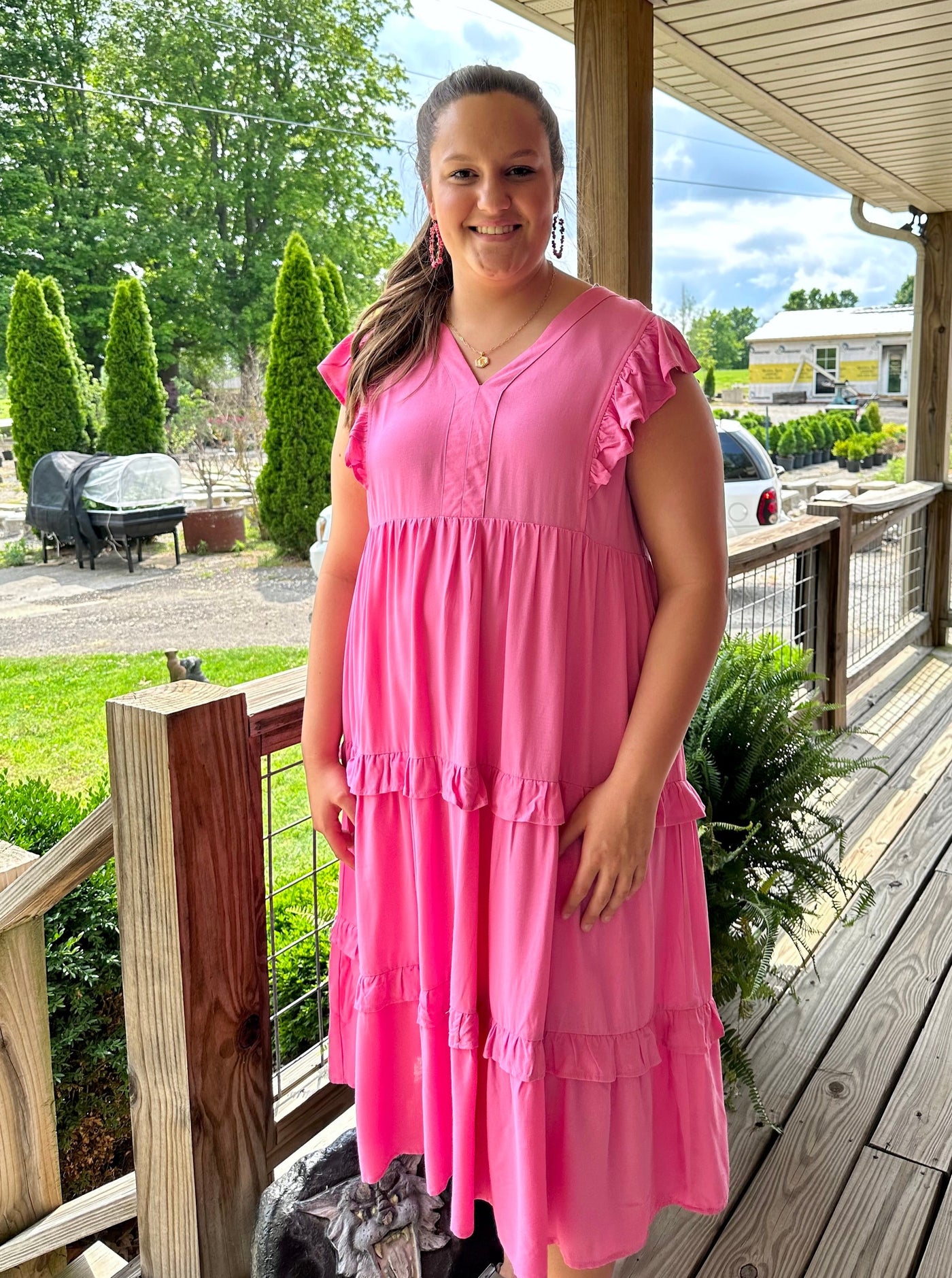 Curvy Pink V-neck Tiered Midi Dress W/ Pockets