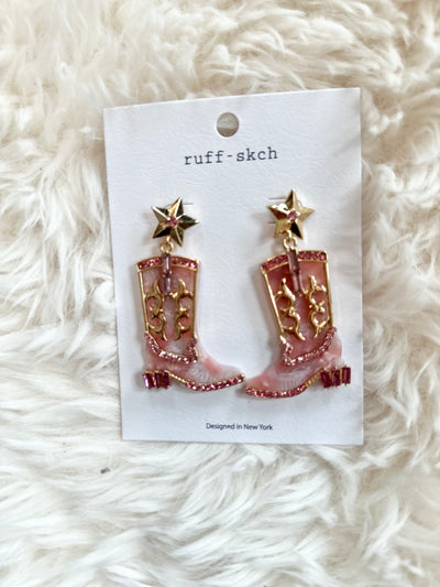 Pink Acrylic Cowboy Boot with Rhinestones Earrings