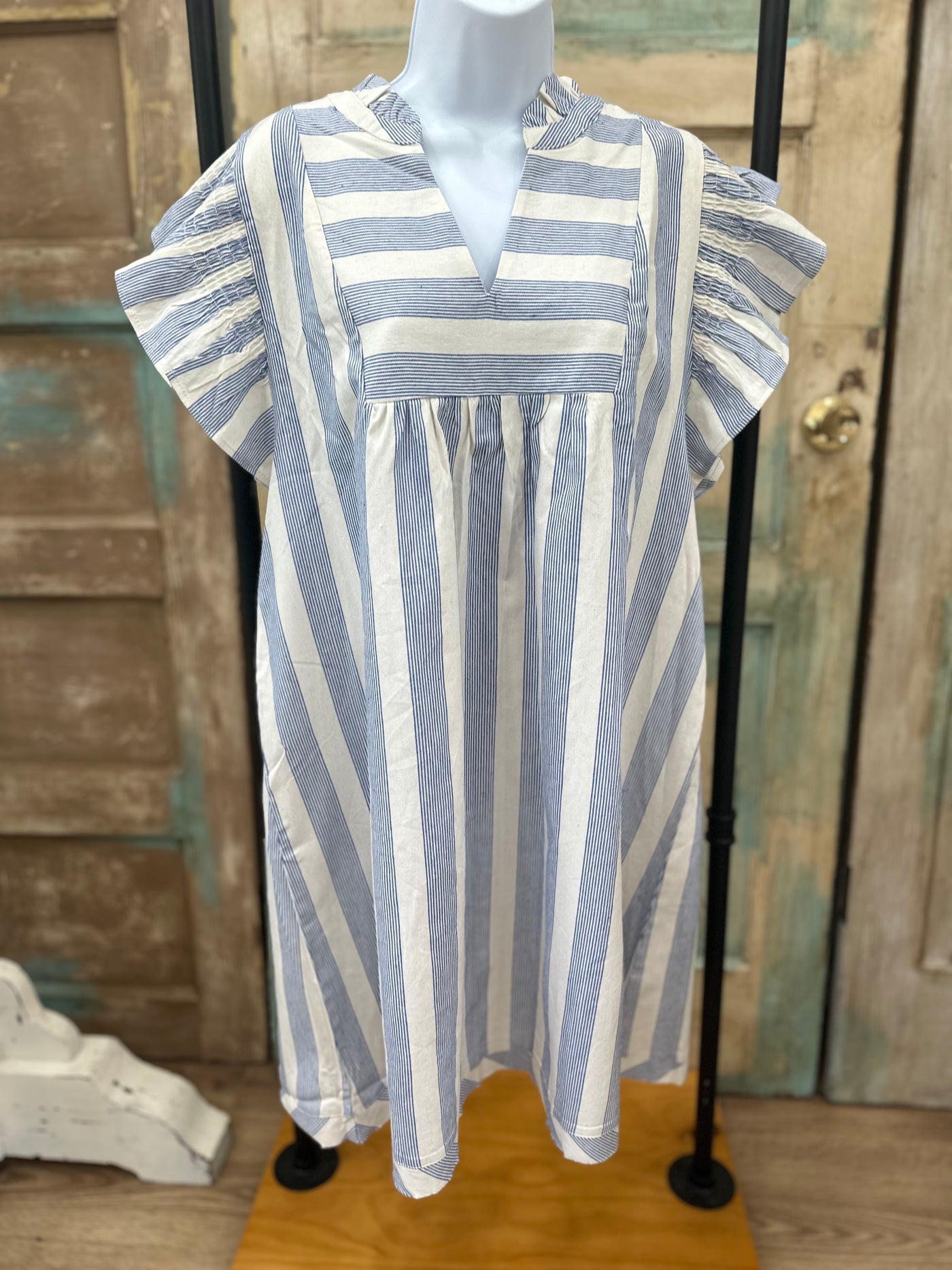 Blue Stripe V-Neck Dress