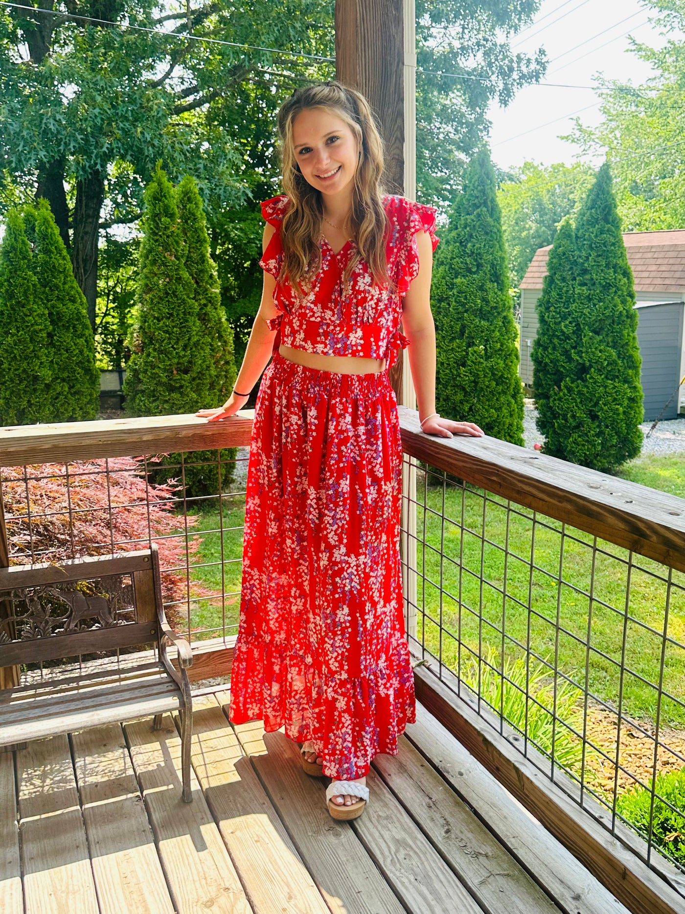 Red Floral Ruffled Crop Top and Maxi Skirt Set Final Sale