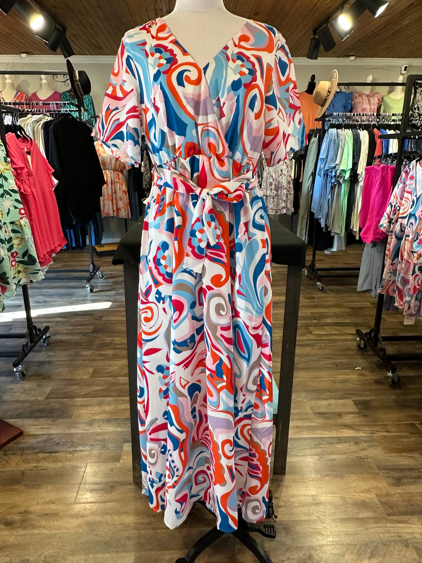 Abstract Wrap V Neck Maxi Dress w/ Belt Final Sale