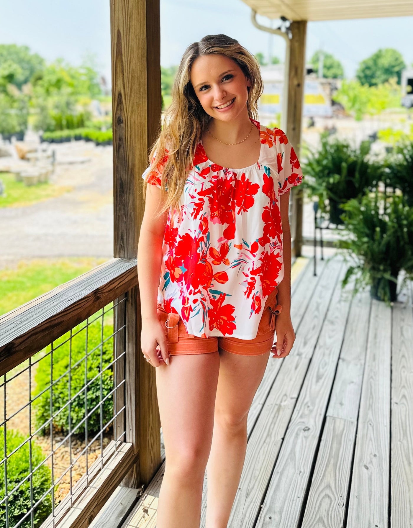 Red Floral Embroidered Square Neck Top