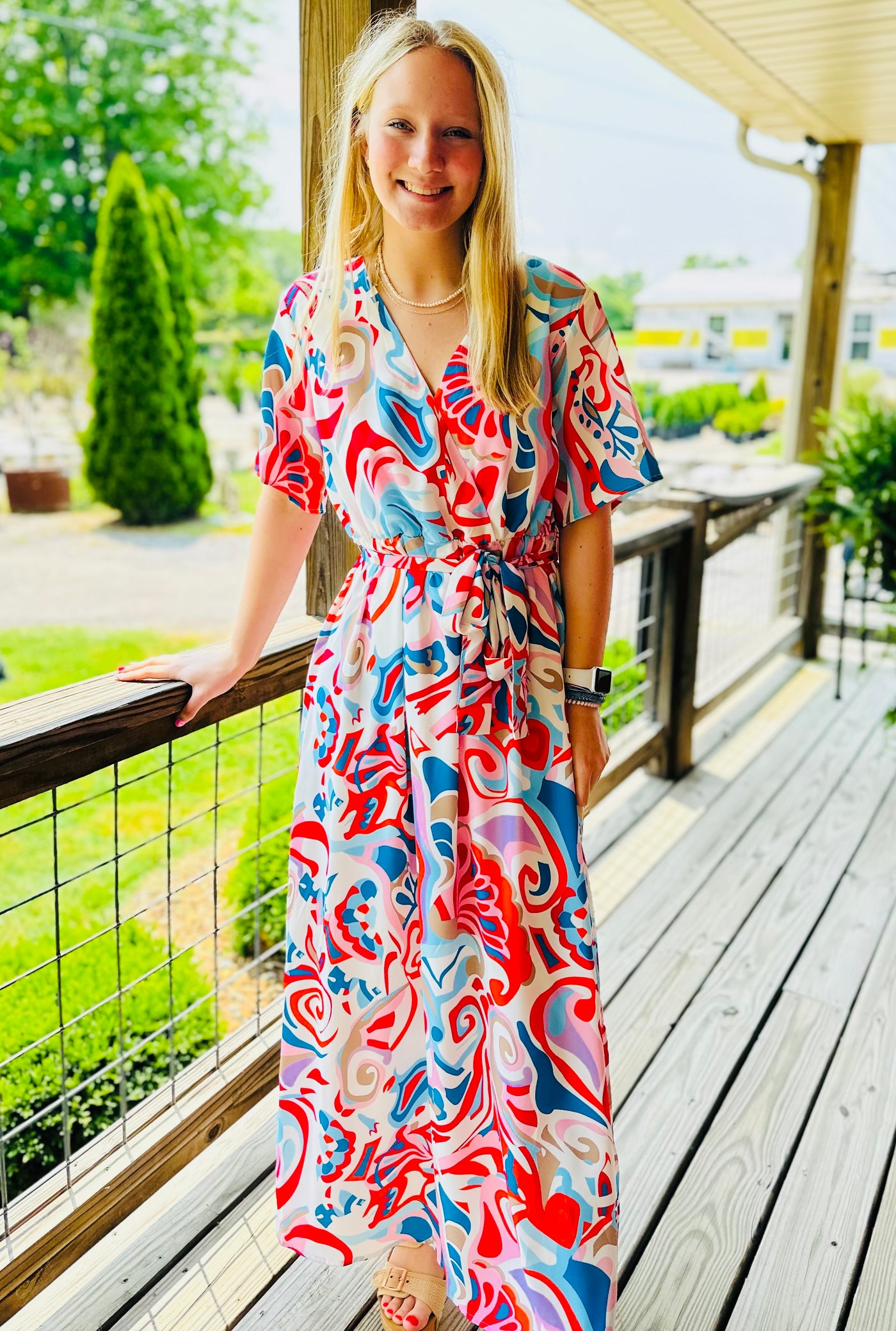 Abstract Wrap V Neck Maxi Dress w/ Belt