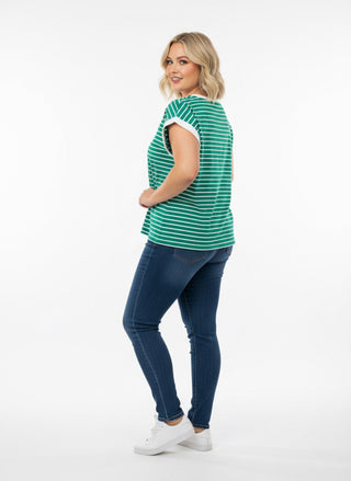 Curvy Kelly Green Contrast Trim Cap Sleeve Stripe Tee