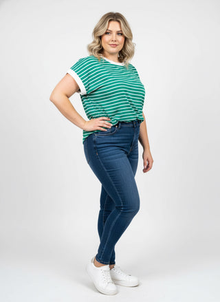 Curvy Kelly Green Contrast Trim Cap Sleeve Stripe Tee