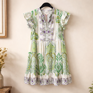 Island Green Mix Ruffle Sleeve Boho Print Dress FINAL SALE