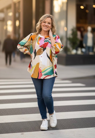 Bright Abstract Loose Fit Button Down Blouse with a Mandarin Collar
