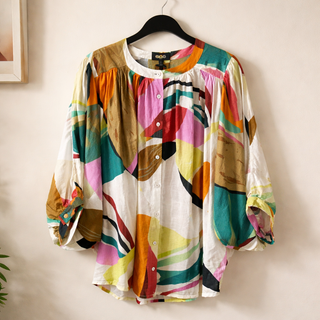 Bright Abstract Loose Fit Button Down Blouse with a Mandarin Collar