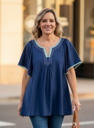 Navy Contrast Trim Flutter Sleeve Babydoll Top Final Sale