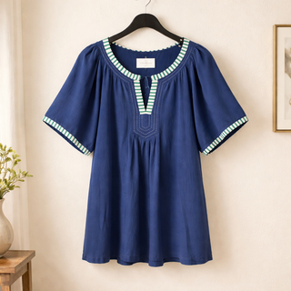 Navy Contrast Trim Flutter Sleeve Babydoll Top Final Sale
