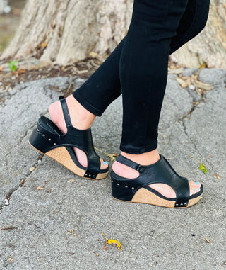 Carley Platform Wedge in Black Smooth by Corkys