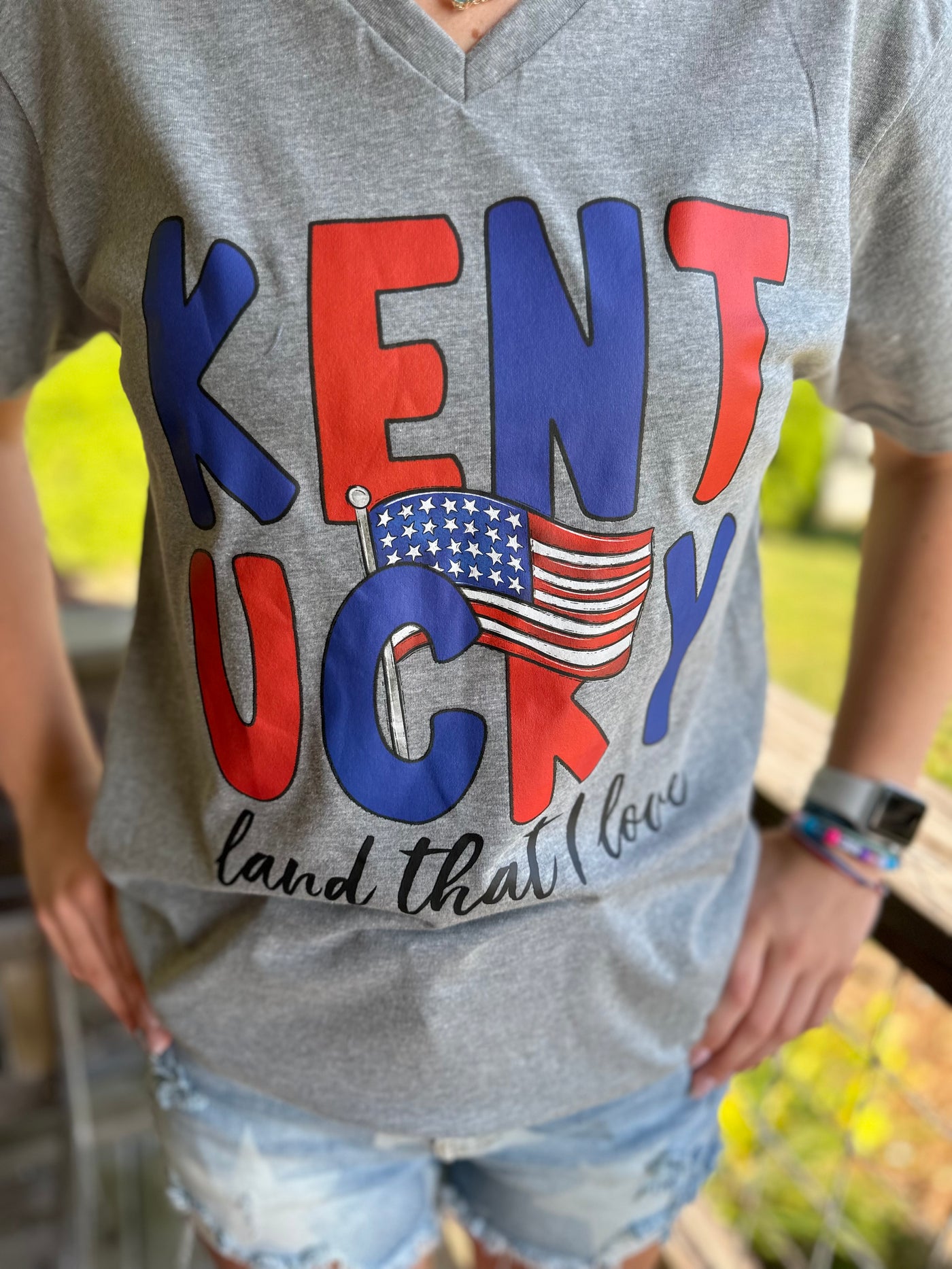 "Kentucky, Land That I Love" V-Neck Tee in Heather Gray