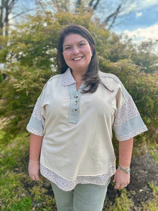 Curvy Natural Oversized Half Button Down Collared Knit Top FINAL SALE