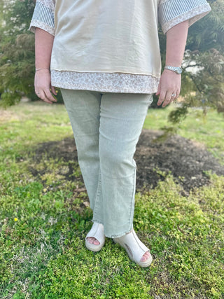 Curvy Lt Olive Acid Washed Frayed Hem Bootcut Pants