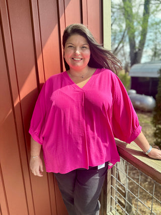 Curvy Hot Pink Wide V-Neck Short Sleeve Top FINAL SALE