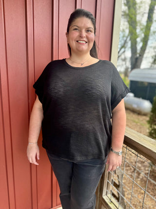 Curvy Black Hacci Slub Rolled Up Sleeve Tee Final Sale