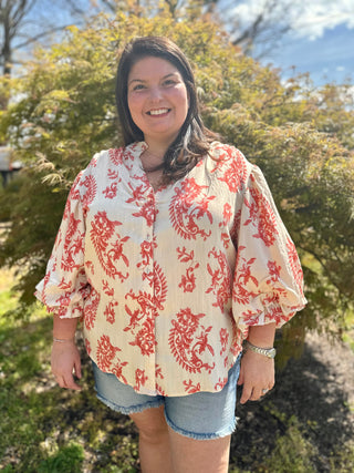 Curvy Raspberry Button Down Blouse with 3/4 Length Balloon Sleeves