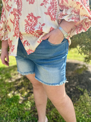 Curvy Mid Rise Raw Frayed Hem Denim Shorts FINAL SALE
