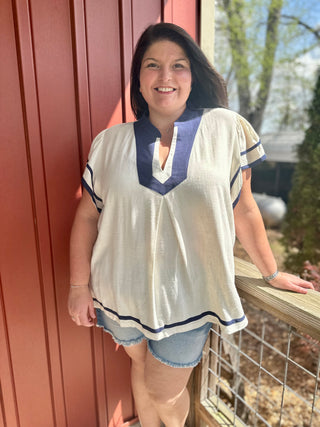 Curvy Oatmeal Linen Ruffle Sleeve Top