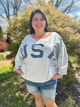 CURVY USA PATCH FRONT STRIPE MIX WASHED TERRY PULLOVER
