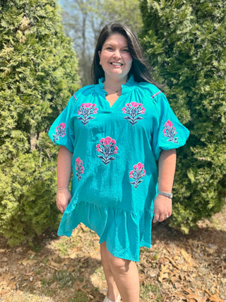 Curvy Paraiba Boho Floral Embroidered Mini Dress FINAL SALE
