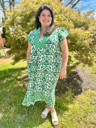 Curvy Green Abstract Two Tone Print Midi Dress w/ Pockets Final Sale