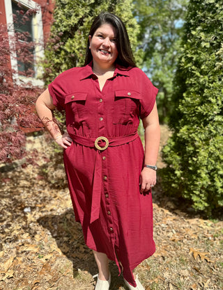 CURVY BURGUNDY COLLARED BUTTON DOWN BELTED MIDI DRESS FINAL SALE