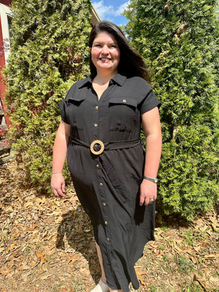 CURVY BLACK COLLARED BUTTON DOWN BELTED MIDI DRESS