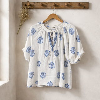 Blue Floral Print Gauze Top Final Sale