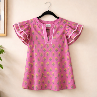 Pink Ruffle Sleeve Printed Woven Blouse Top FINAL SALE