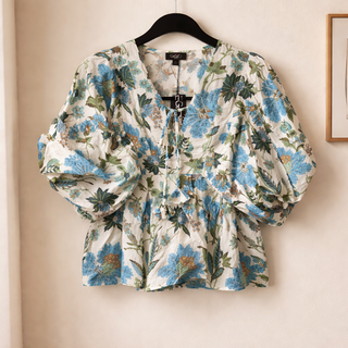 Blue Mix Floral Print Balloon Sleeve Bouse with Tie Neck Strings