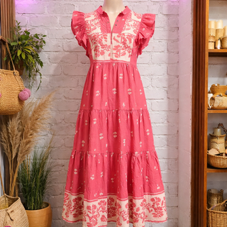 Coral Floral Tiered Ruffle Midi Dress Final Sale